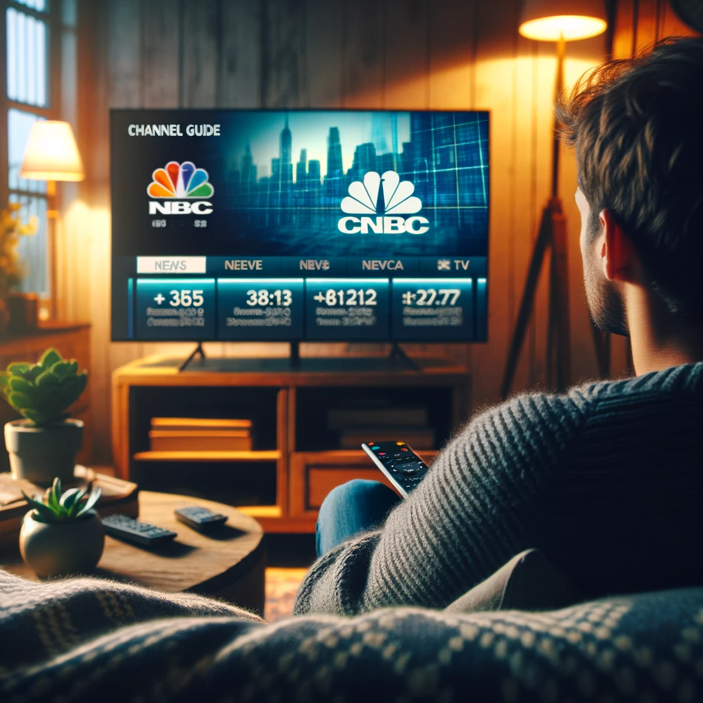 A person comfortably sitting on a couch, watching CNBC on TV with the channel guide open, highlighting CNBC (channel 355) with DirecTV branding visible.