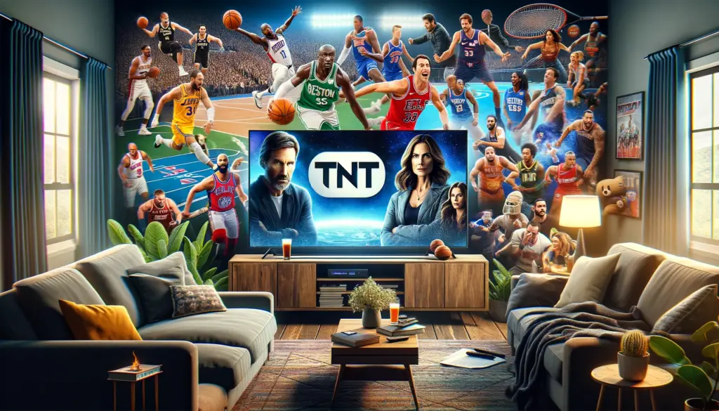 A collage of popular TNT shows like ER Charmed and The Alienist playing on a TV screen in someone living room with various sports games (NBA basketball NHL hockey AEW wrestling and college sports in the background)