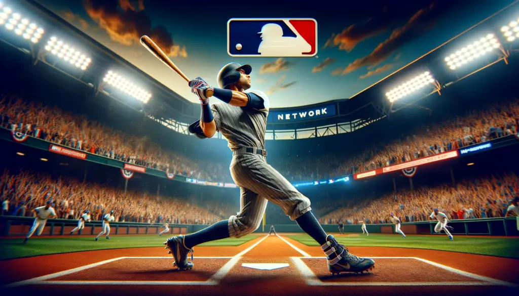 A photo of a baseball player hitting a home run, with the MLB Network logo in the background.