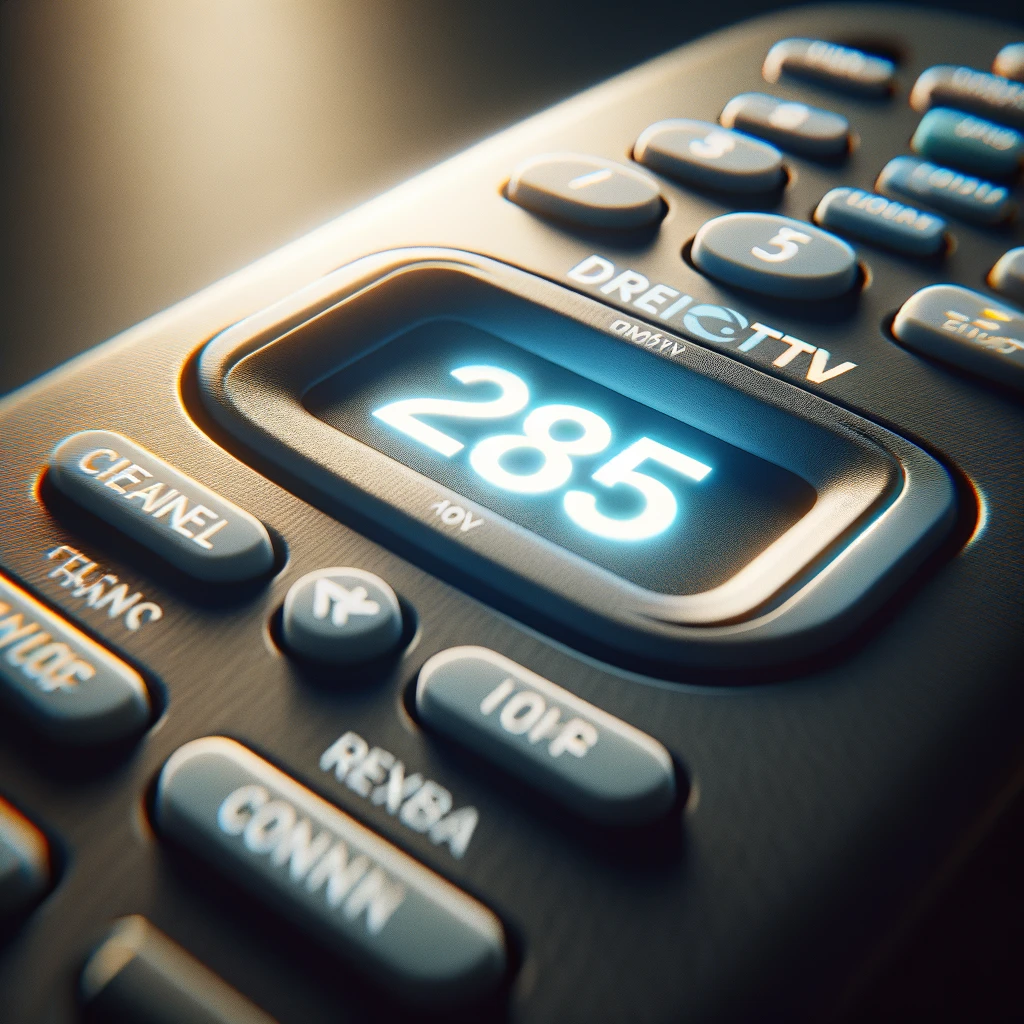 A close-up image of a DirecTV remote control with the channel number 285 highlighted