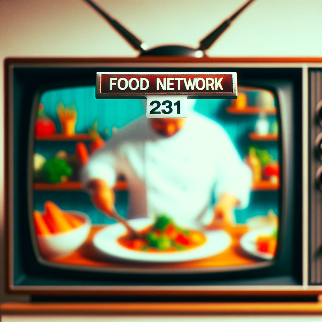 A close-up shot of a television screen displaying Food Network on channel 231.