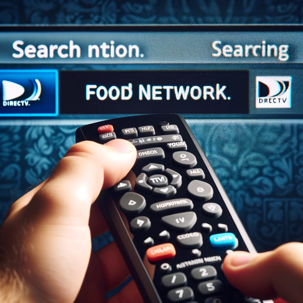 A close-up shot of a user typing "Food Network" into the DIRECTV search bar