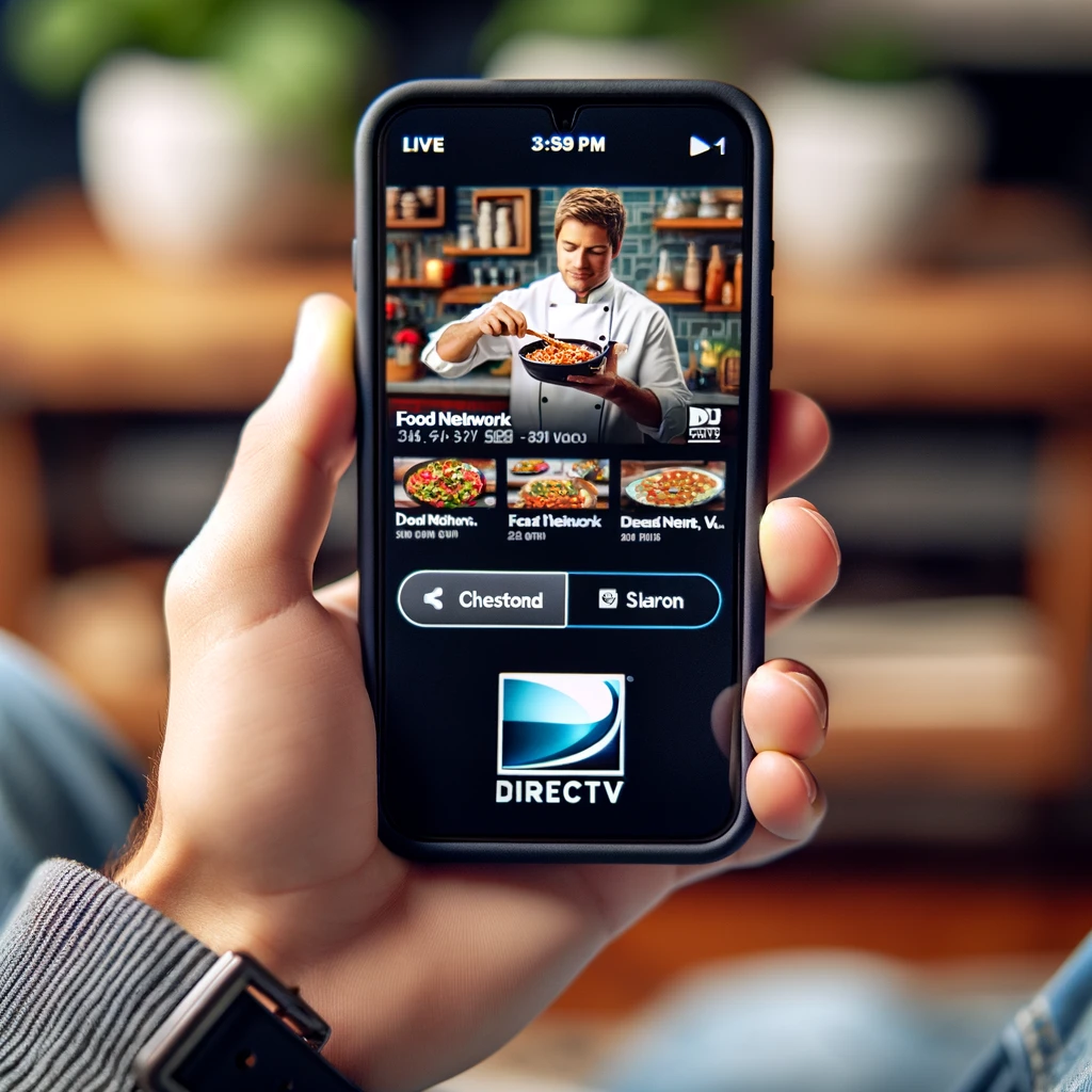 A person using the DIRECTV app on their smartphone to watch Food Network.
